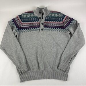 Izod Sweater Mens Medium Gray Mock Neck Buttons Long Sleeve